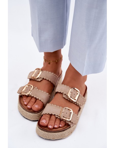 Women's Platform Sandals With Woven Details Gold Buckles And Studs Beige