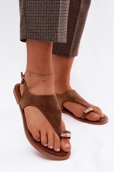 Women's Flat Sandals With Gold Detail Eco Suede Brown Jelviane