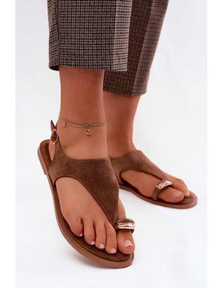 Women's Flat Sandals With Gold Detail Eco Suede Brown Jelviane