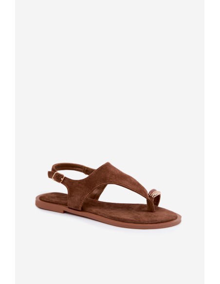 Women's Flat Sandals With Gold Detail Eco Suede Brown Jelviane