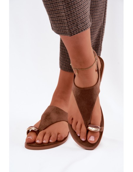 Women's Flat Sandals With Gold Detail Eco Suede Brown Jelviane