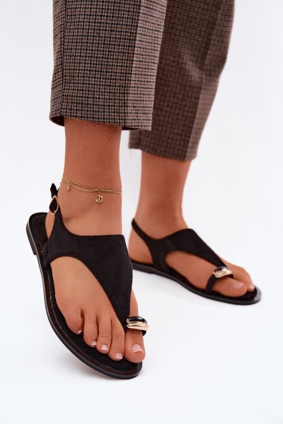 Women's Flat Sandals With Gold Detail Eco Suede Black Jelviane