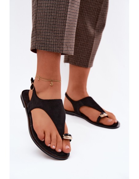 Women's Flat Sandals With Gold Detail Eco Suede Black Jelviane