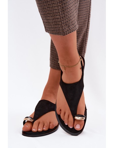 Women's Flat Sandals With Gold Detail Eco Suede Black Jelviane