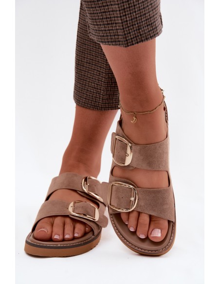 Women's Suede Look Slides With Gold Buckles Khaki Averia