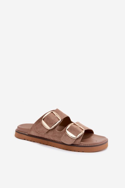 Women's Suede Look Slides With Gold Buckles Khaki Averia 2