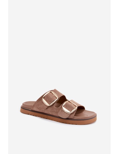 Women's Suede Look Slides With Gold Buckles Khaki Averia