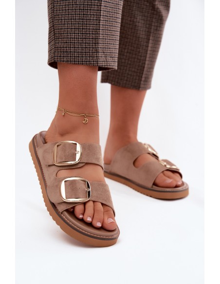 Women's Suede Look Slides With Gold Buckles Khaki Averia