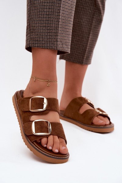 Women's Suede-Look Slides With Gold Buckles Camel Averia