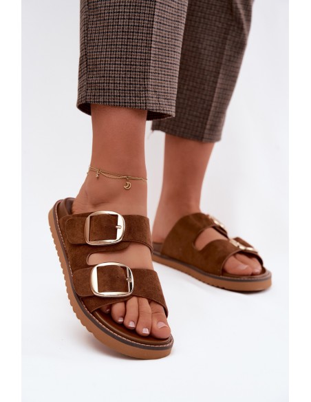 Women's Suede-Look Slides With Gold Buckles Camel Averia