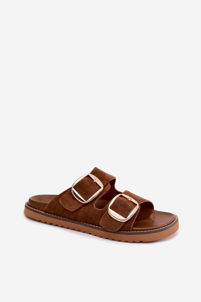 Women's Suede-Look Slides With Gold Buckles Camel Averia 2