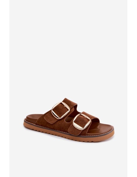 Women's Suede-Look Slides With Gold Buckles Camel Averia