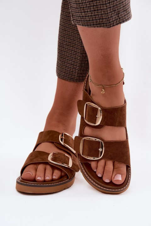 Women's Suede-Look Slides With Gold Buckles Camel Averia