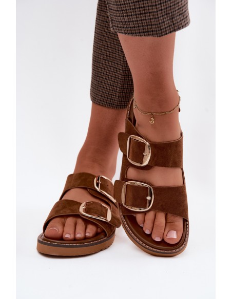 Women's Suede-Look Slides With Gold Buckles Camel Averia