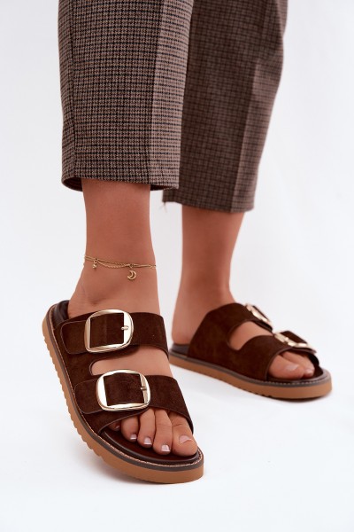 Women's Faux Suede Slides With Gold Buckles Chocolate Brown Averia