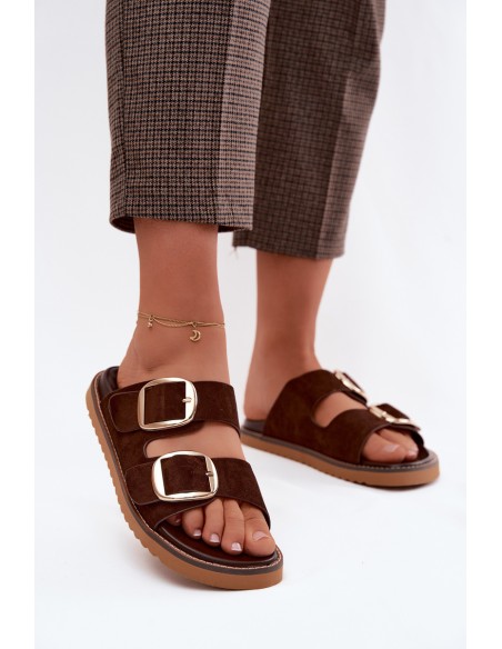 Women's Faux Suede Slides With Gold Buckles Chocolate Brown Averia