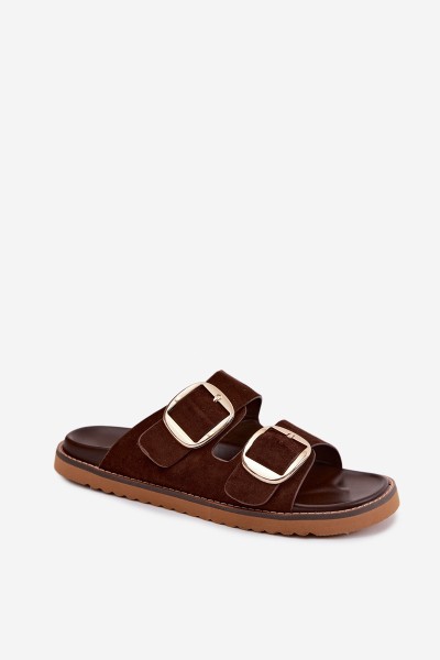 Women's Faux Suede Slides With Gold Buckles Chocolate Brown Averia 2