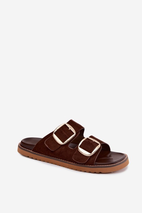Women's Faux Suede Slides With Gold Buckles Chocolate Brown Averia
