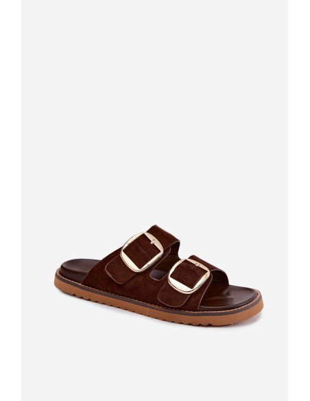 Women's Faux Suede Slides With Gold Buckles Chocolate Brown Averia
