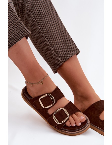 Women's Faux Suede Slides With Gold Buckles Chocolate Brown Averia