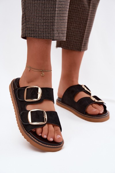 Women's Faux Suede Slides With Gold Buckles Black Averia