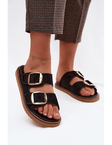 Women's Faux Suede Slides With Gold Buckles Black Averia