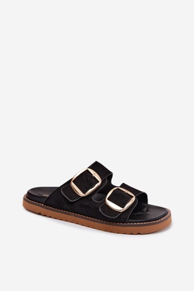 Women's Faux Suede Slides With Gold Buckles Black Averia 2