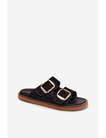 Women's Faux Suede Slides With Gold Buckles Black Averia