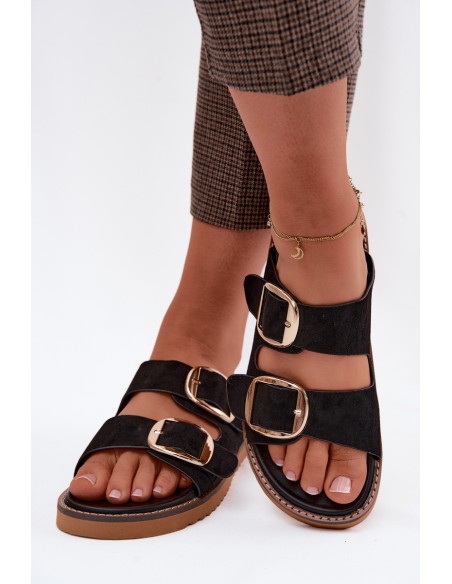 Women's Faux Suede Slides With Gold Buckles Black Averia