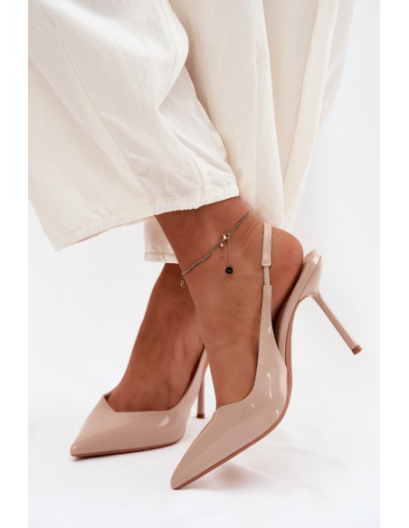 Patent Leather Heels Sandals Made of Faux Leather Beige Calera