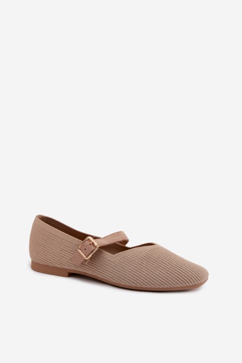 Striped Material Ballerinas With Strap And Buckle Dark Beige Calvra