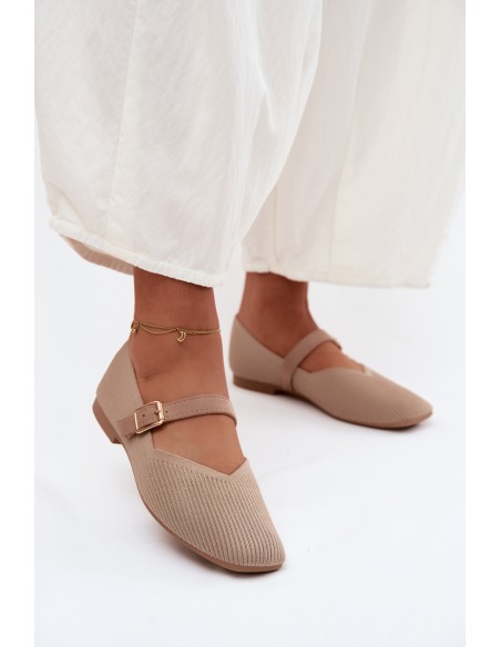 Striped Material Ballerinas With Strap And Buckle Dark Beige Calvra