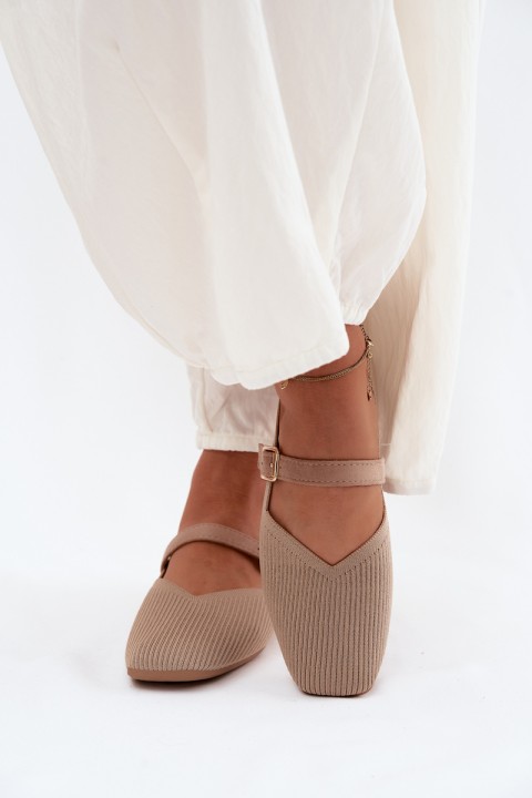 Striped Material Ballerinas With Strap And Buckle Dark Beige Calvra