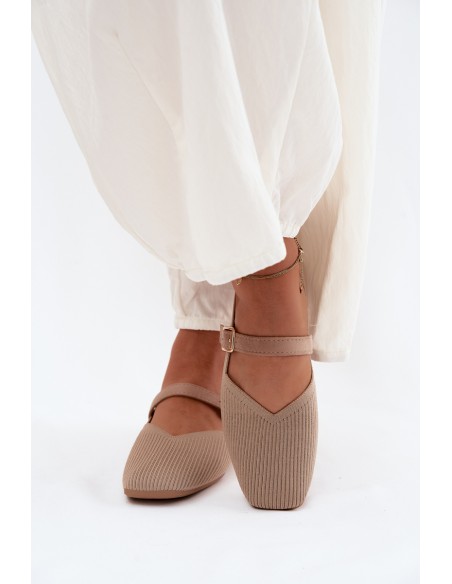 Striped Material Ballerinas With Strap And Buckle Dark Beige Calvra