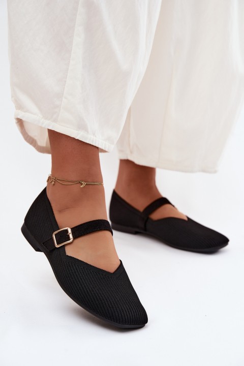 Striped Material Ballerinas With Strap And Clasp Black Calvra