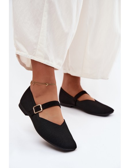 Striped Material Ballerinas With Strap And Clasp Black Calvra