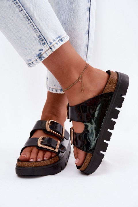 Lacquered Women's Platform Slippers With Gold Clips Lee Cooper LCW-26-35-4459L Black