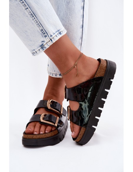 Lacquered Women's Platform Slippers With Gold Clips Lee Cooper LCW-26-35-4459L Black