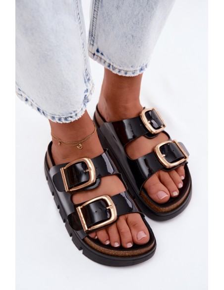 Lacquered Women's Platform Slippers With Gold Clips Lee Cooper LCW-26-35-4459L Black