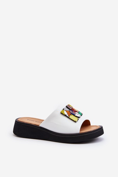 Women's Leather Platform Slippers With Decoration Beige Monroe