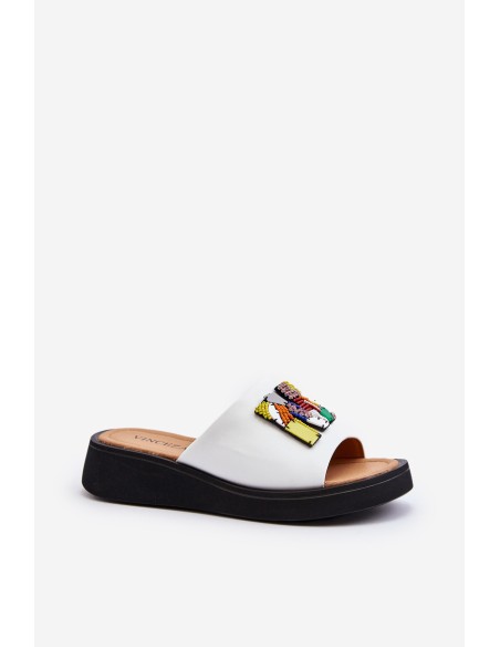 Women's Leather Platform Slippers With Decoration Beige Monroe