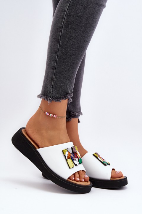 Women's Leather Platform Slippers With Decoration Beige Monroe