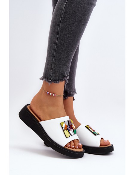 Women's Leather Platform Slippers With Decoration Beige Monroe