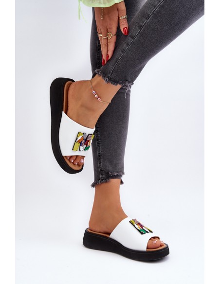 Women's Leather Platform Slippers With Decoration Beige Monroe