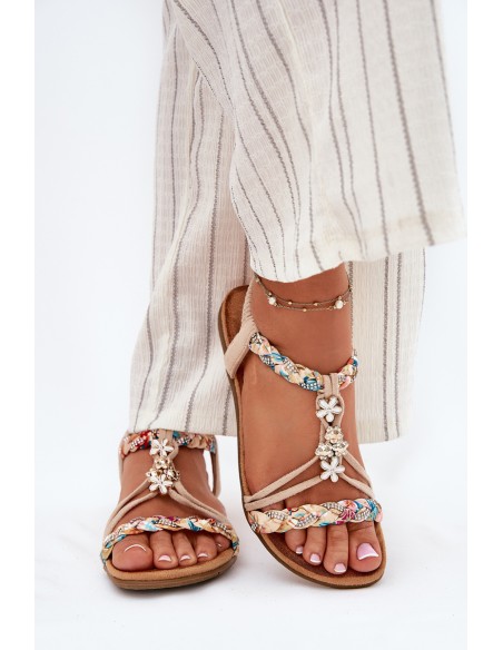 Womens Sandals With Clips And Braided Straps Beige Nusoreth