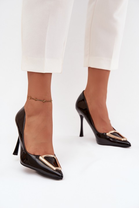 Patent leather heels with gold detail black Paivelle