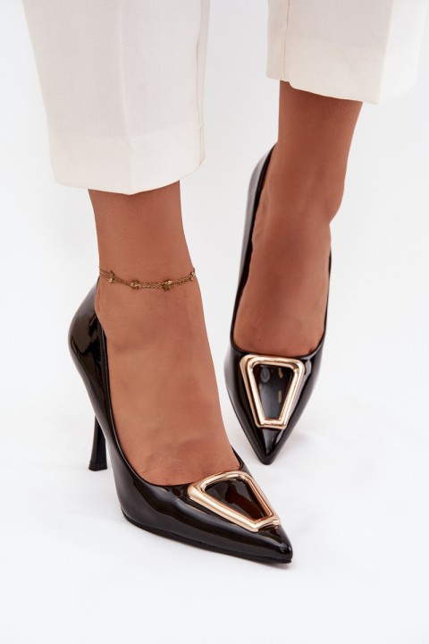 Patent leather heels with gold detail black Paivelle