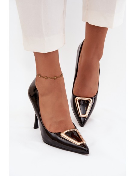 Patent leather heels with gold detail black Paivelle