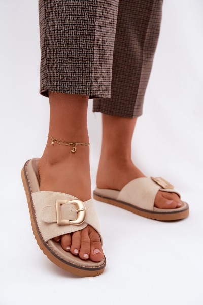 Women's Light Beige Slides With Gold Buckle Elviane