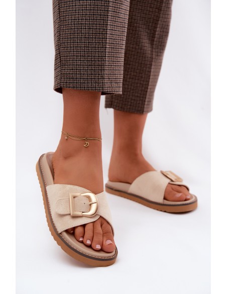 Women's Light Beige Slides With Gold Buckle Elviane